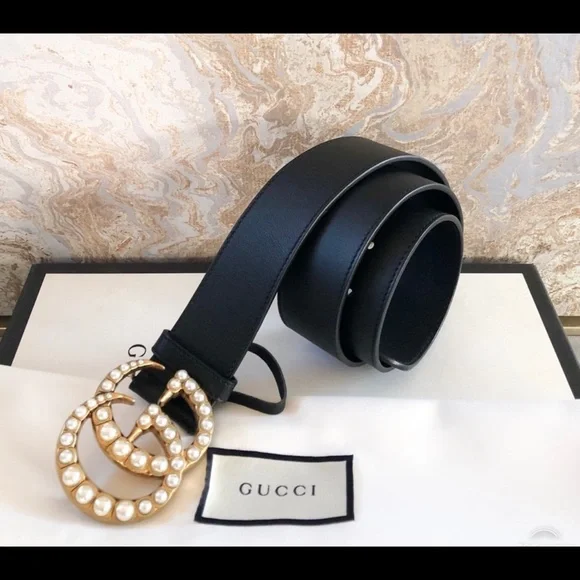 Gucci Calfskin Black Belt with Gold Pearl Buckle Gucci Moon Calfskin Pearl Double G 40mm Belt 80 32 Black  main image 3